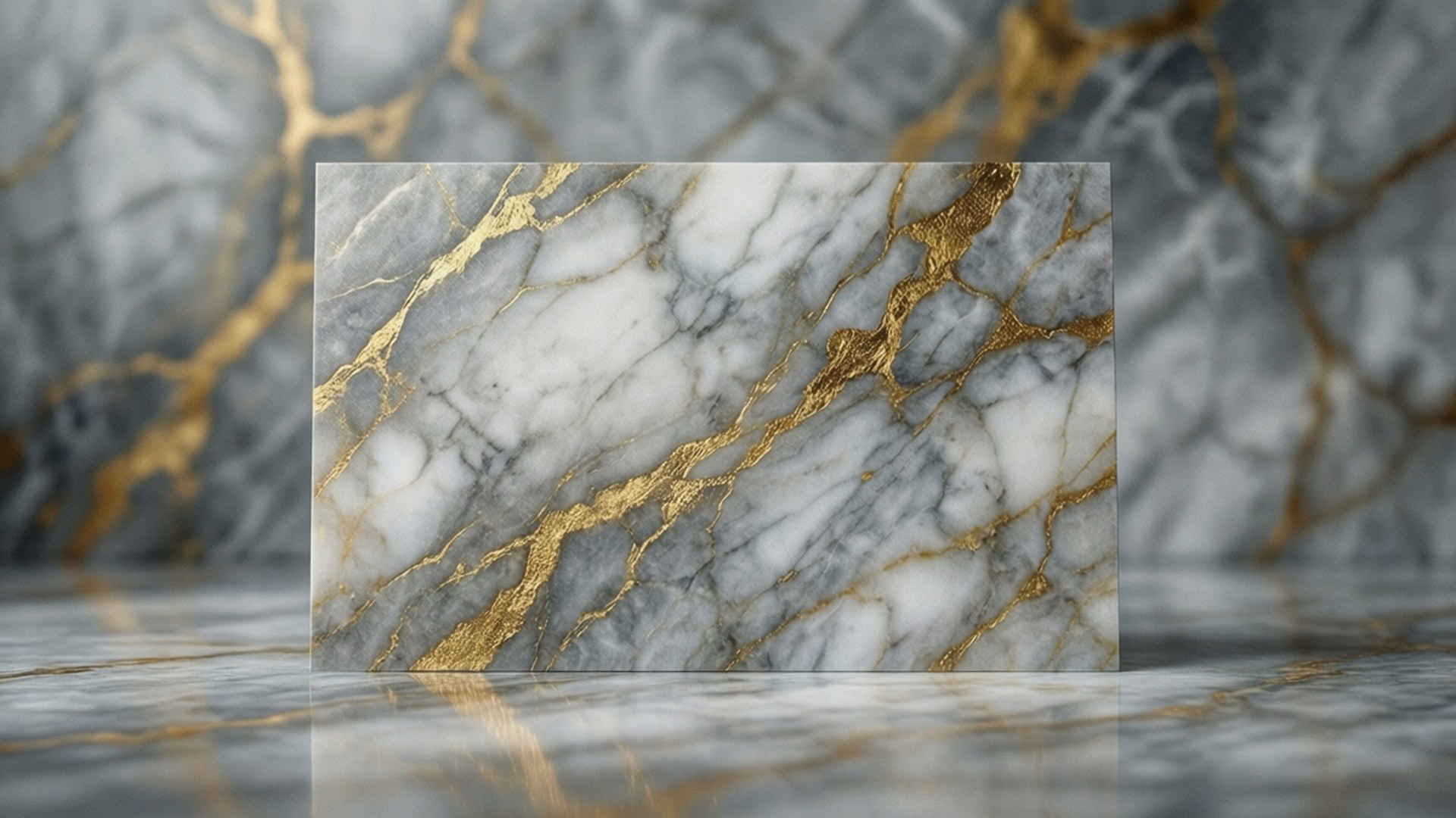 Golden Marble Luxury 壁紙 — 一塊帶有金箔紋理的長方形大理石石板，放置在相配的反射表面上，背景是模糊的大理石。