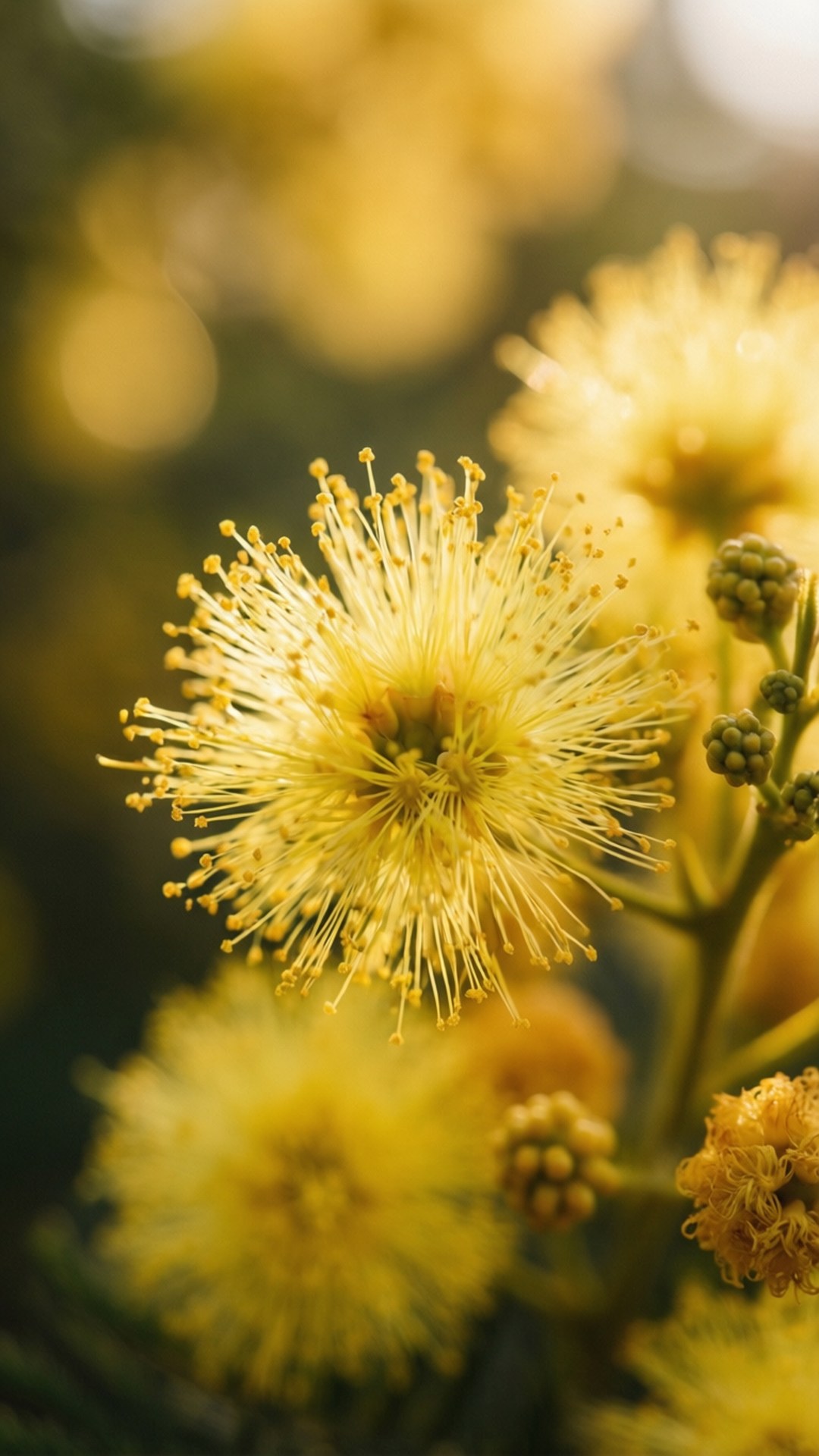 Golden Mimosa Macro 壁紙 — 鮮豔黃色含羞草花的特寫，細膩的花絲在柔和陽光下閃耀，背景是模糊的金色。