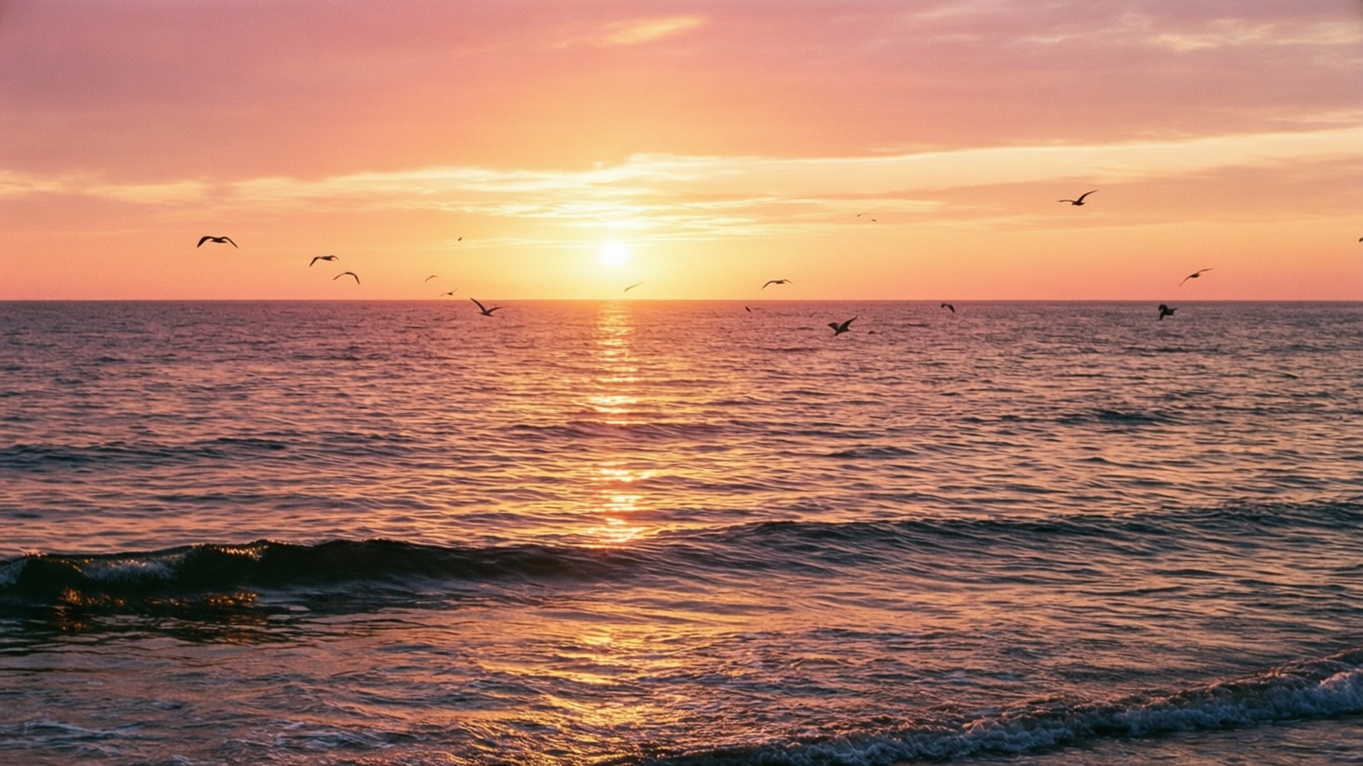 Sunset over ocean with birds flying and golden light reflecting on water. 壁紙