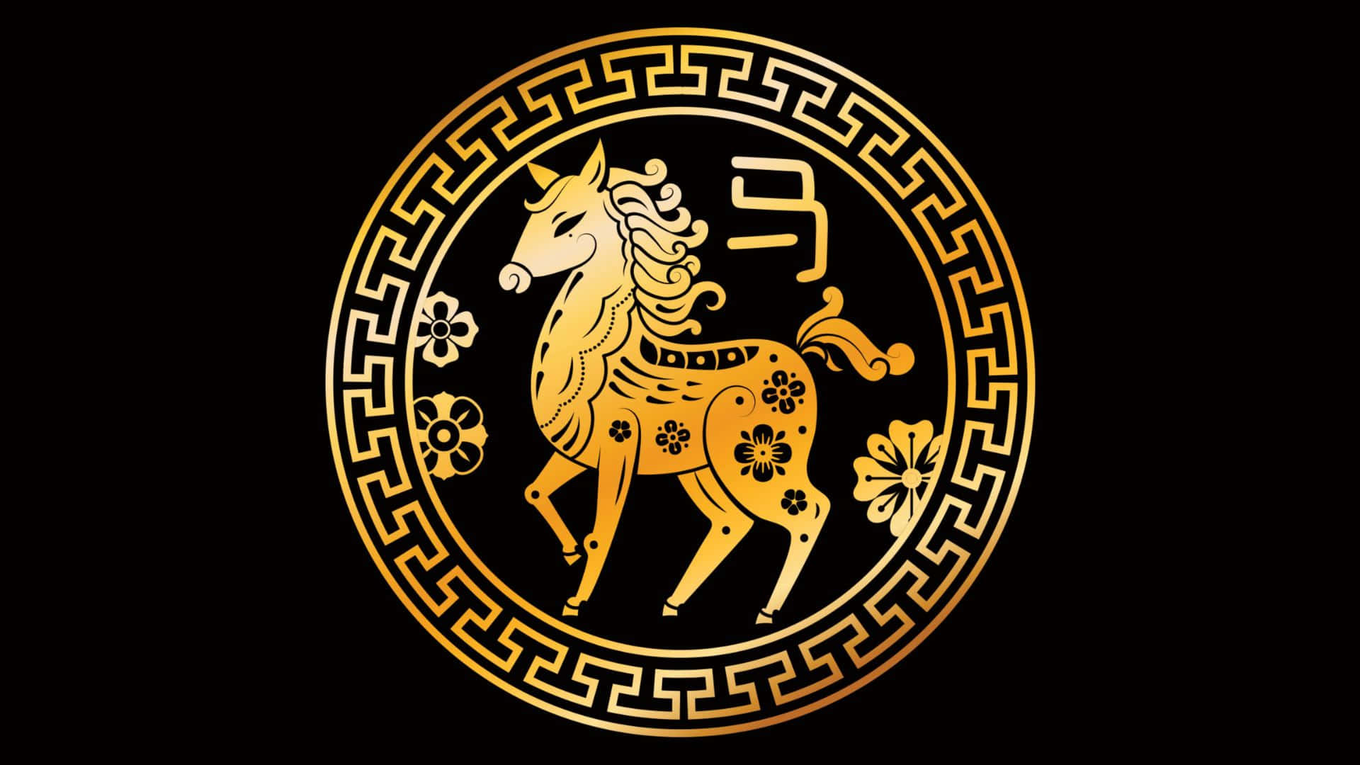  壁紙 — 金色華麗馬匹徽章，帶有花卉圖案和希臘鑰匙邊框，背景為黑色。
