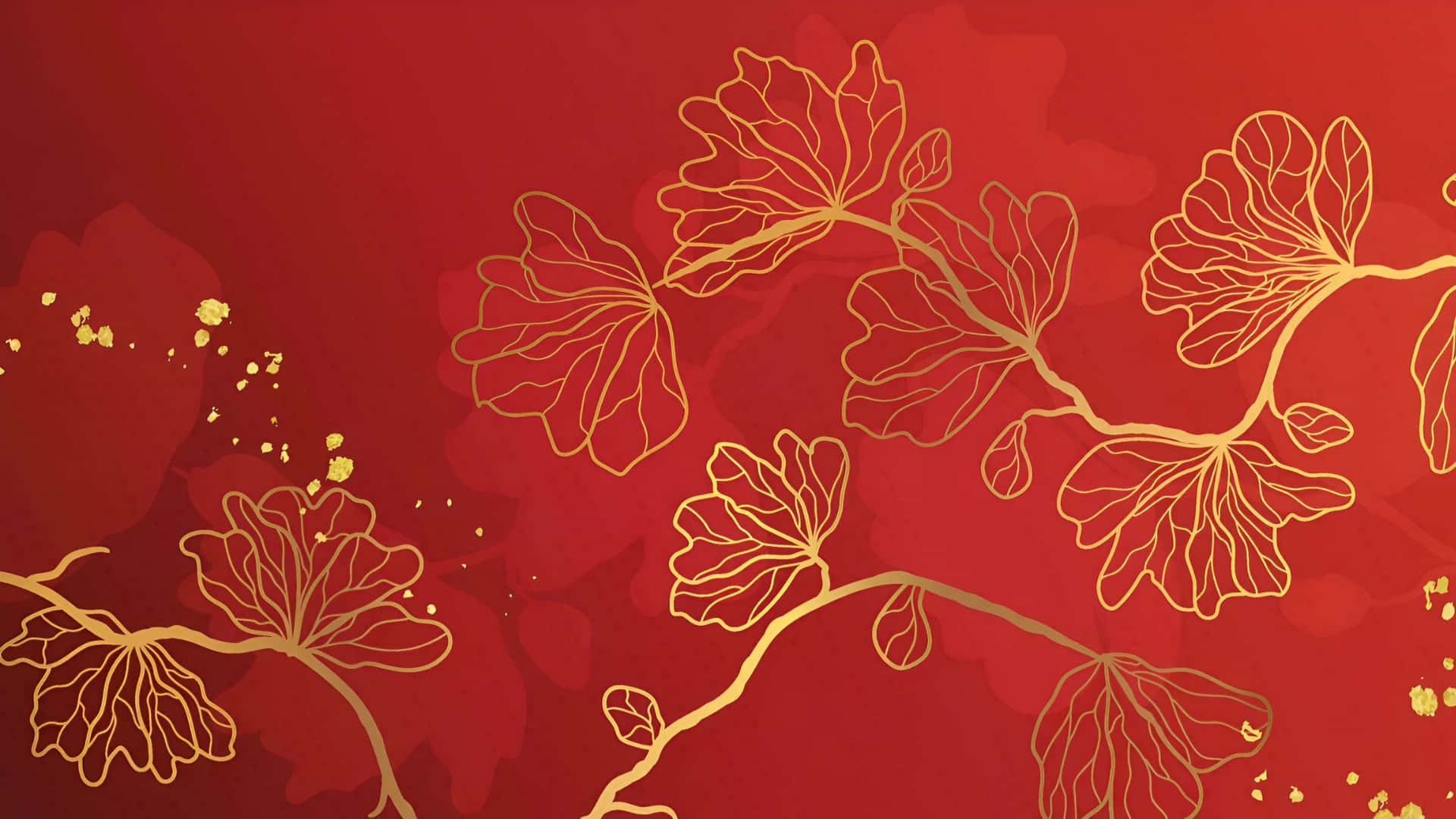  壁紙 — 金色輪廓的花卉枝條在豐富的紅色背景上優雅彎曲，散落著金色斑點。