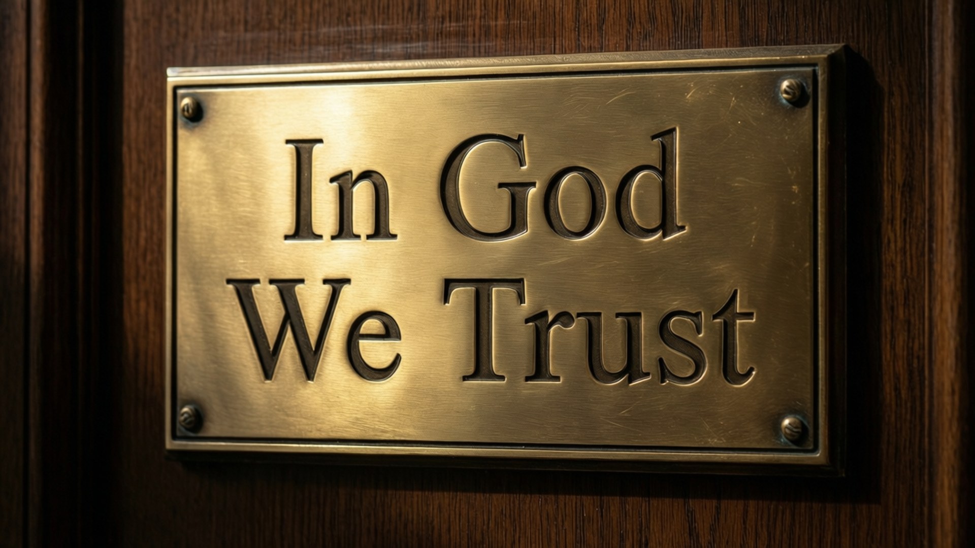 黃銅牌匾上寫着 'In God We Trust'，安裝在木門上。