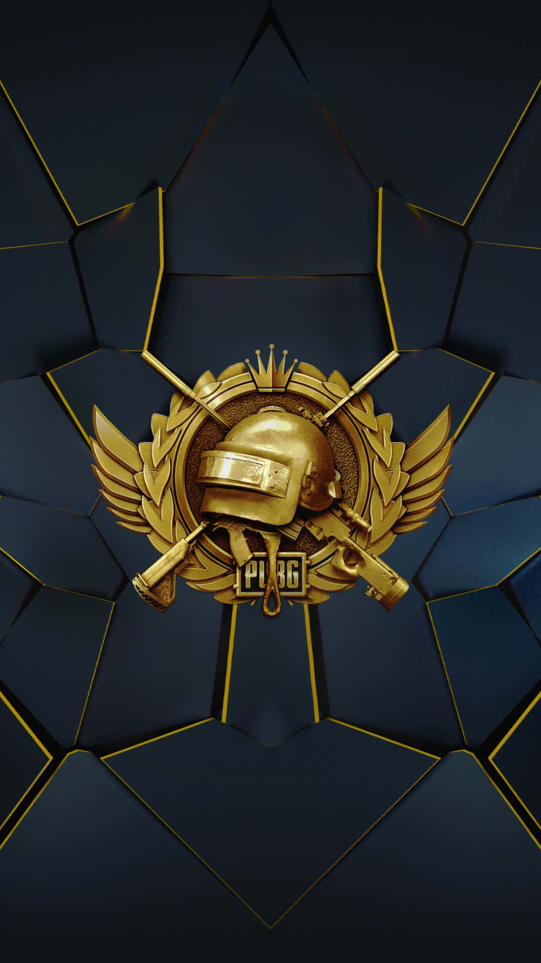  壁紙 — 金色PUBG標誌，頭盔和交叉的槍支居中於深藍色六邊形背景上。