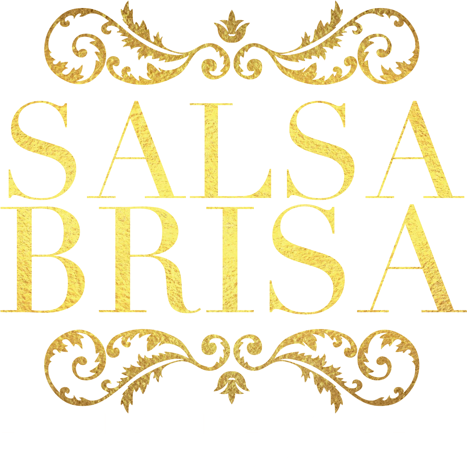 Golden Salsa Brisa舞蹈學院標誌 壁紙 — 黑色背景上優雅的金色文字，帶有華麗的花飾，寫著 Salsa Brisa Latin Dance Academy Maastricht。