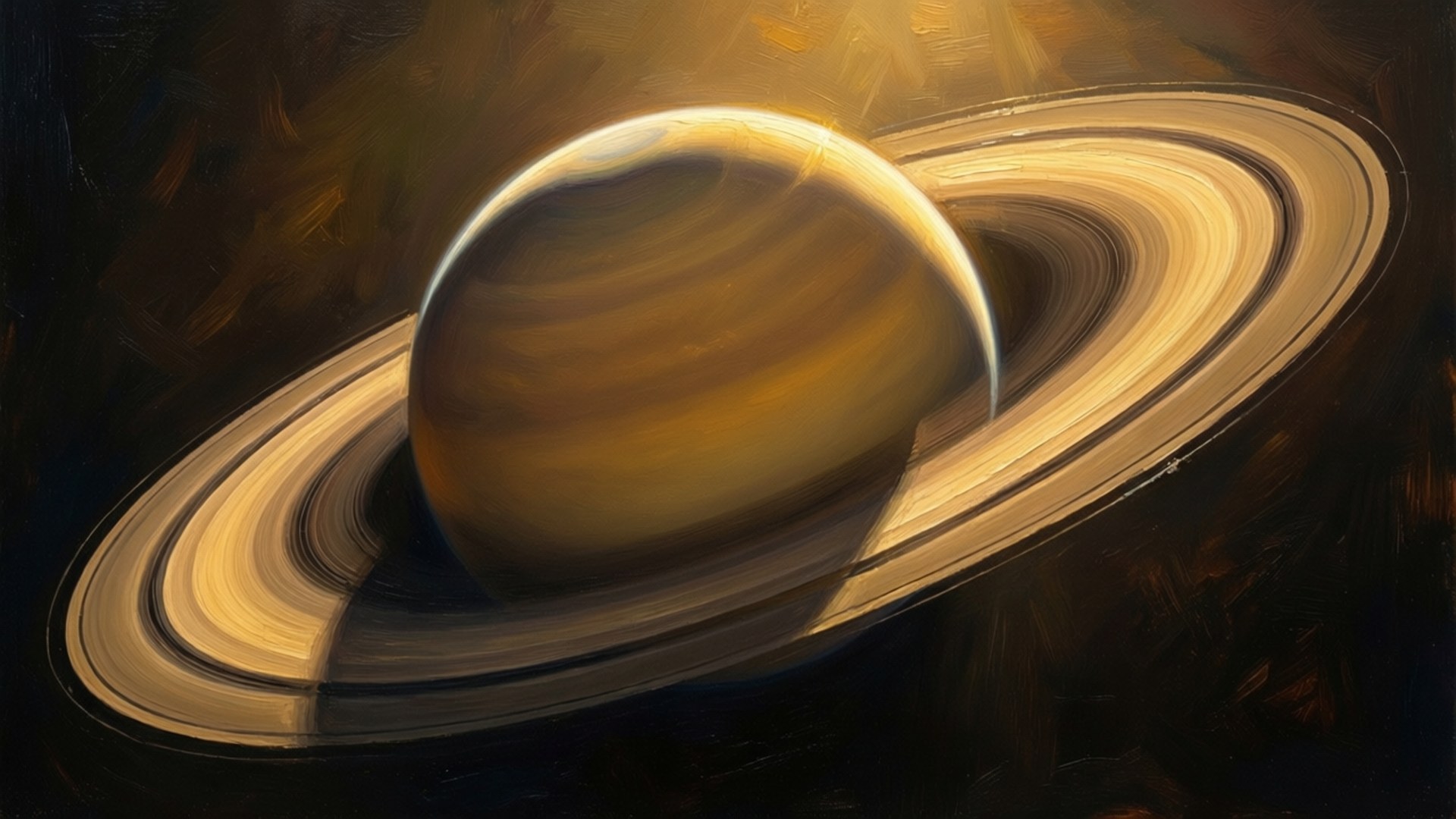 土星帶有發光的金色光環，在黑暗宇宙背景下以油彩繪製