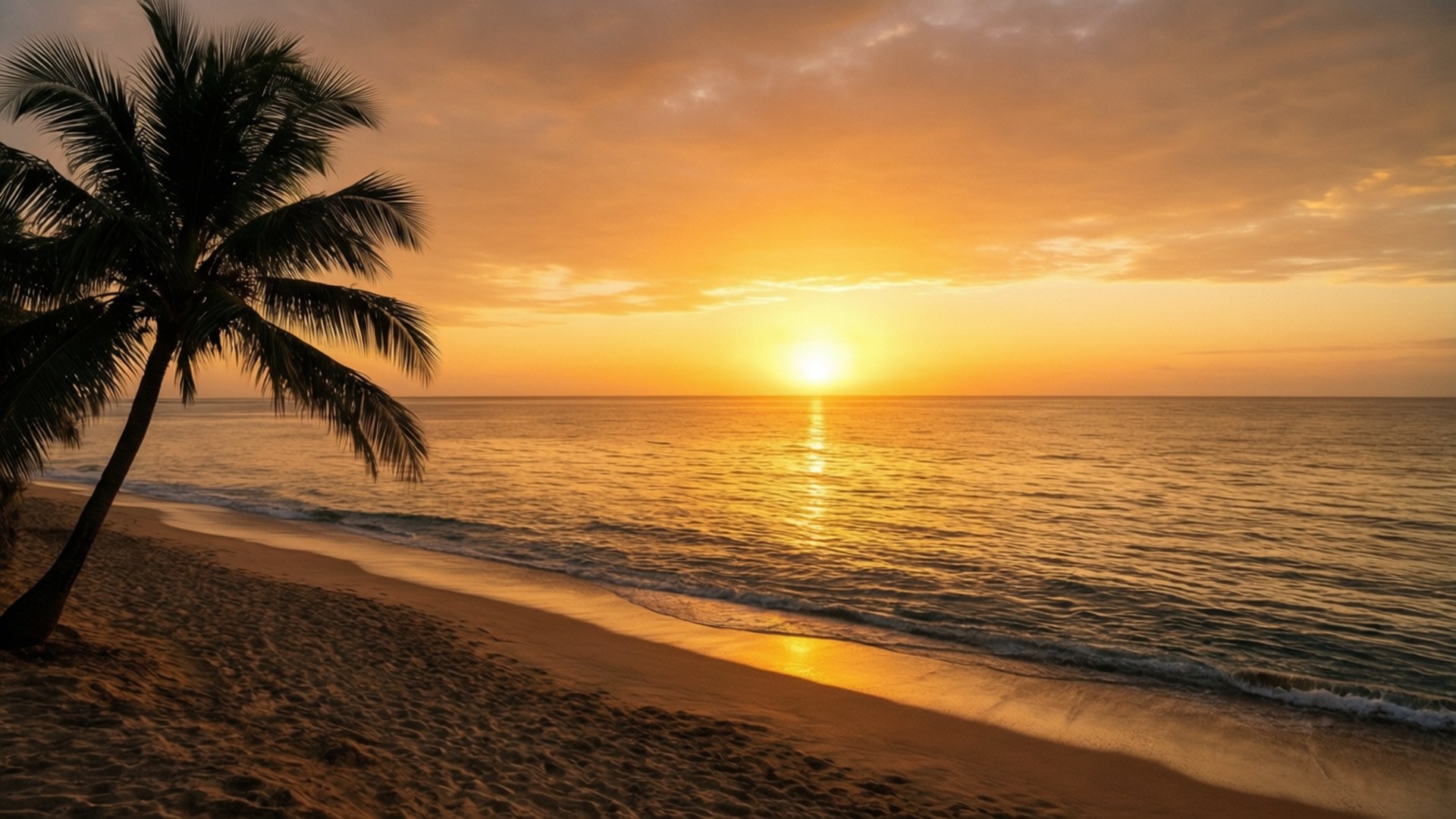 夕陽在海面上，沙灘上的棕櫚樹灑下金色光芒
