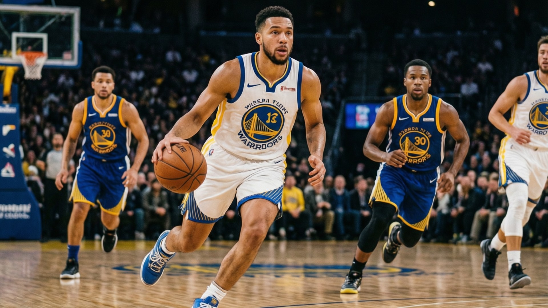 Dejounte Murray 桌布 壁紙 — 金州勇士隊籃球球員在場館燈光下，專注地運球，隊友和對手在硬木球場上奔跑。