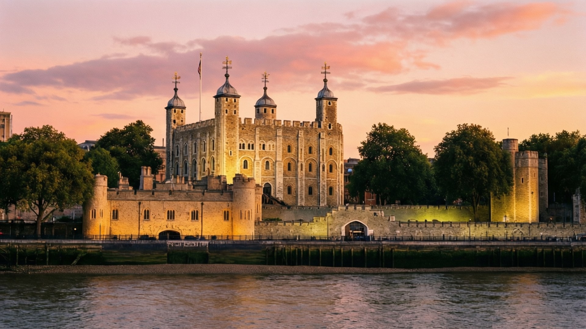 Tower of London illuminated at sunset with reflection in river 壁紙