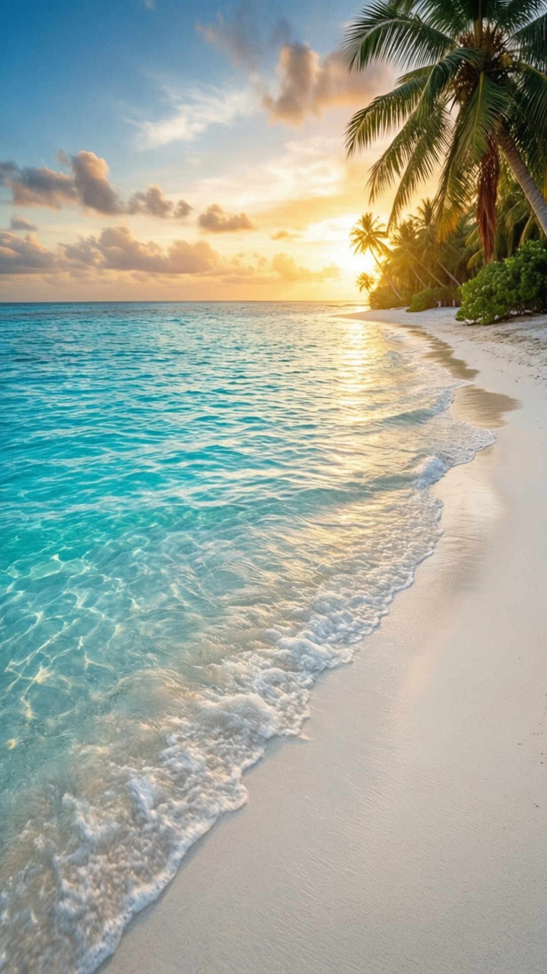 熱帶海灘上的夕陽，有棕櫚樹和碧綠海水。