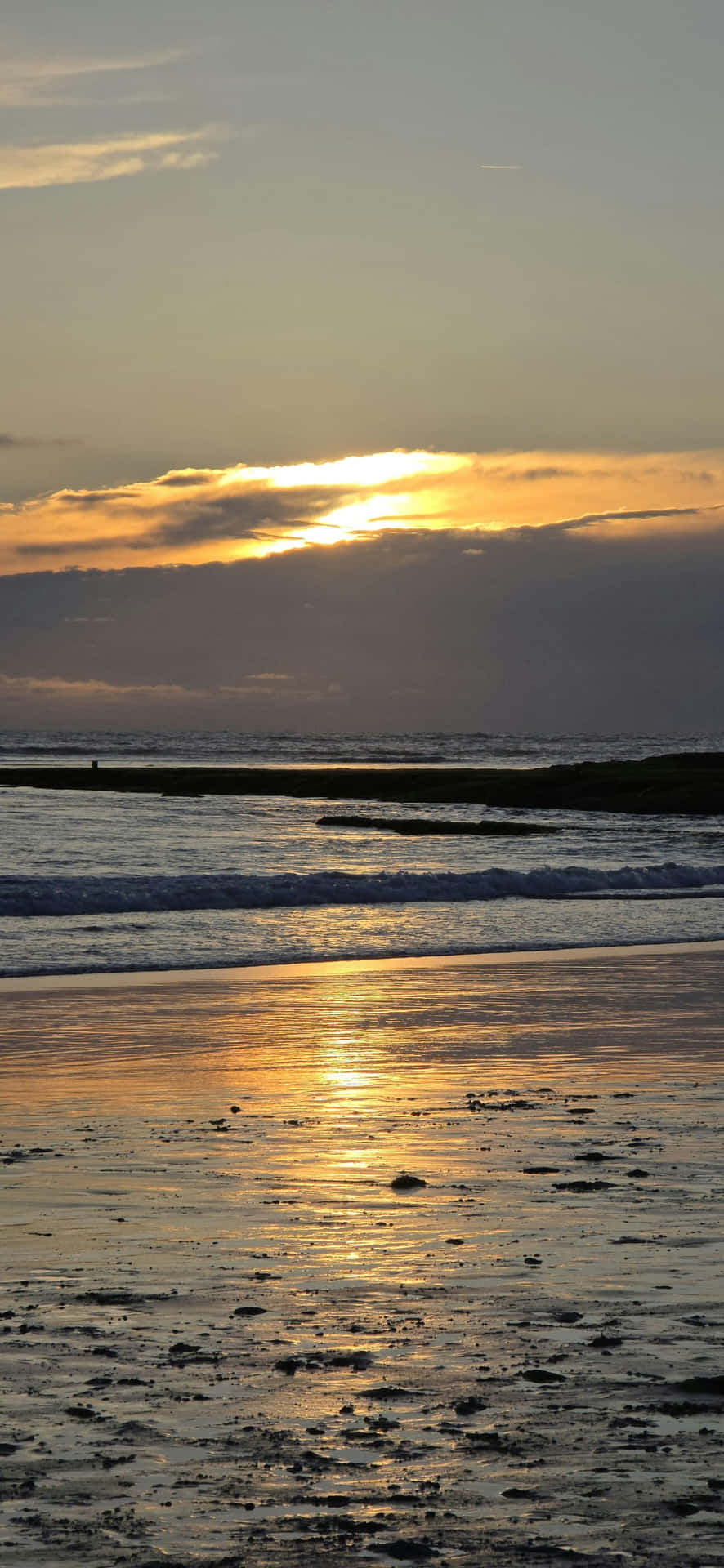  壁紙 — 金色夕陽照耀在濕漉漉的海灘上，海浪拍打著海岸，遠處陸地的輪廓清晰可見。