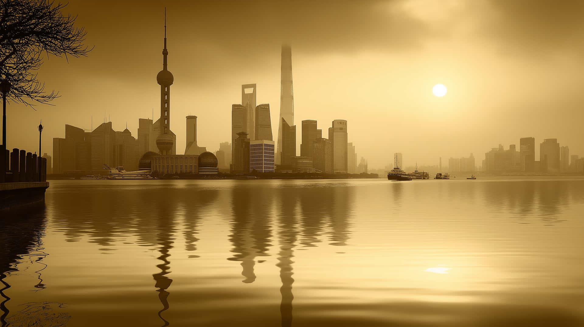 上海日出時分的天際線，摩天大樓倒映在平靜的水面上，前景有光禿的樹枝。