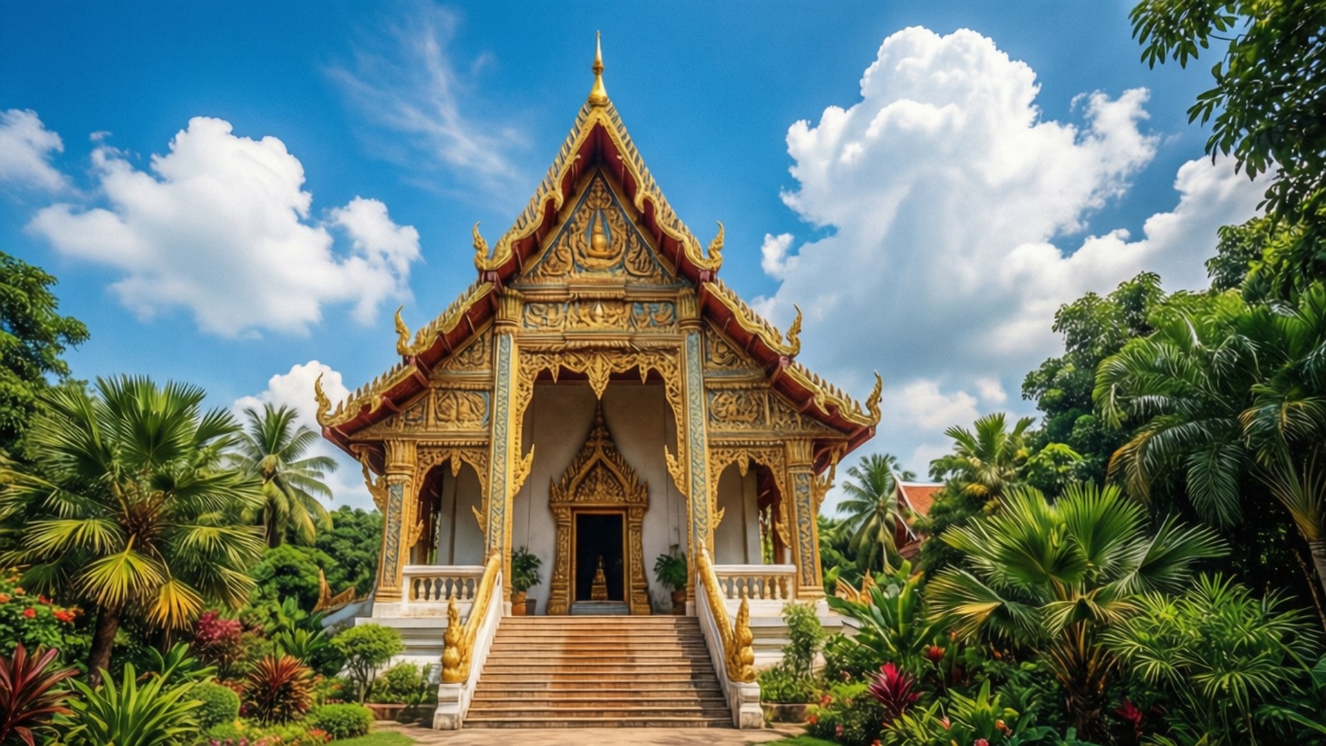 金色泰國寺廟，周圍環繞著茂密的熱帶植物，在明亮的藍天白雲下。