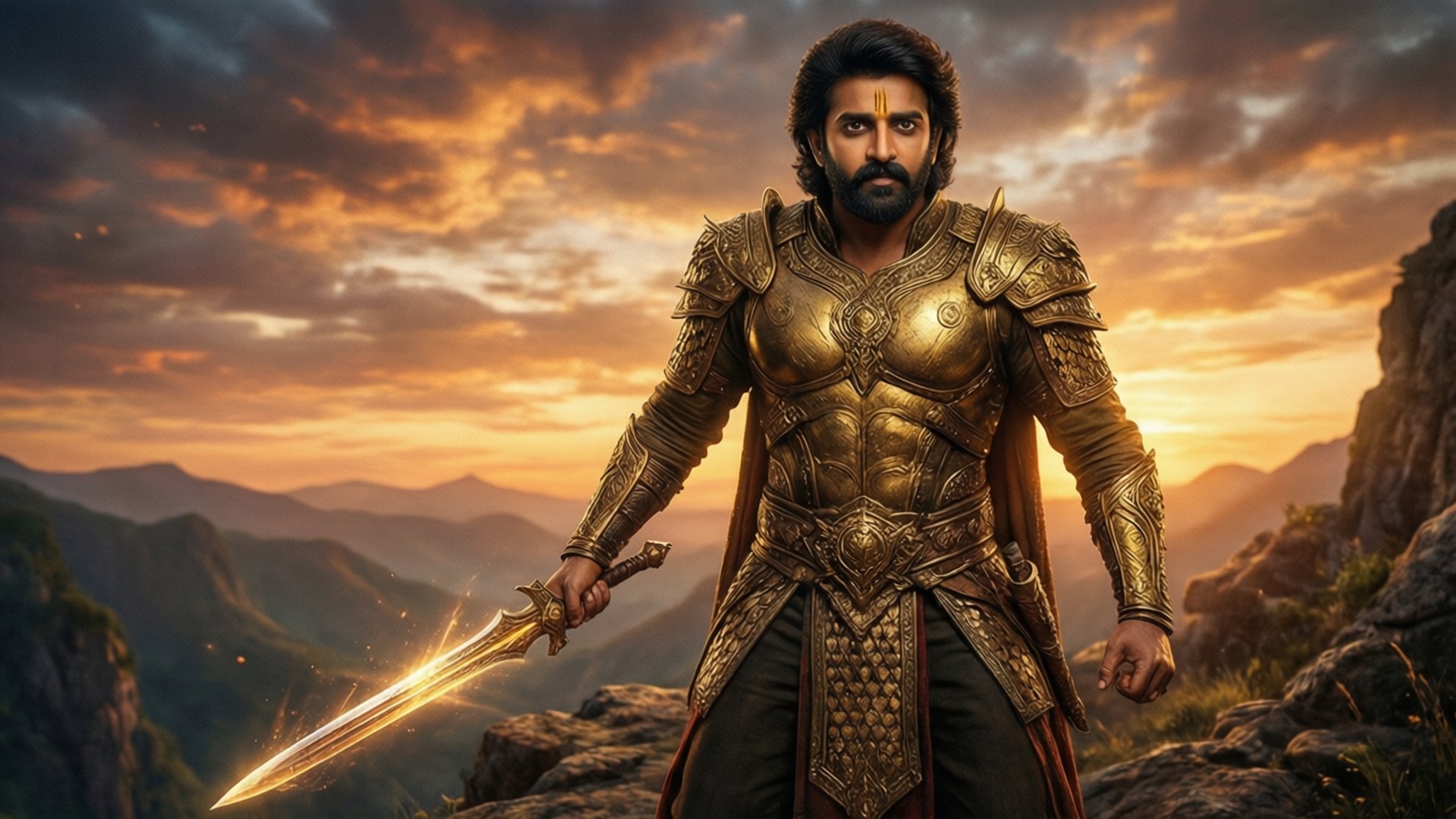 Golden Warrior Prabhas 壁紙 — 一名身穿華麗金色盔甲的戰士站在懸崖頂上，手持發光的劍，熾熱的夕陽照亮了他身後的山巒景觀。