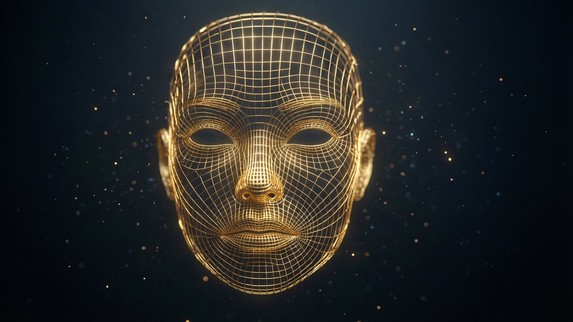 在太空中帶有浮動粒子的發光金色線框人臉