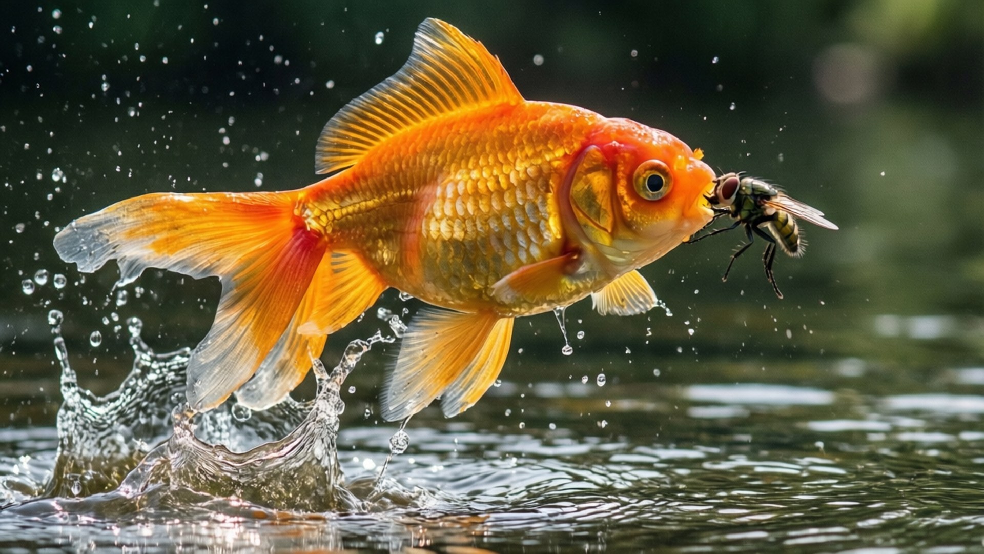 金魚跳出水面捕捉蒼蠅，水花四濺