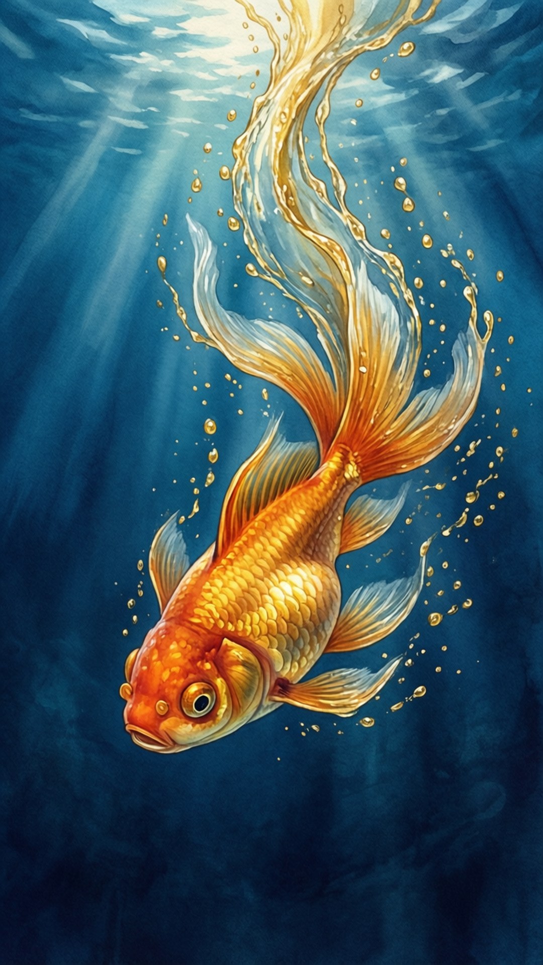 一條金色魚在深藍色水中上升，伴隨陽光和氣泡。