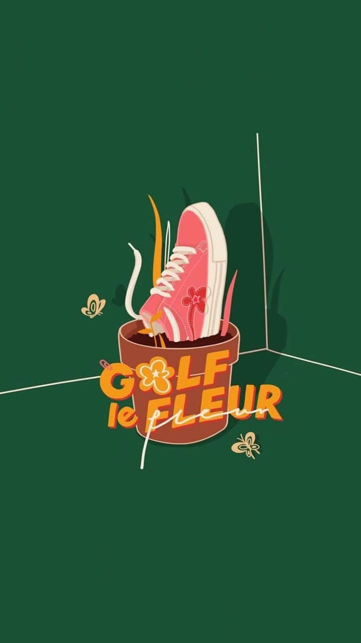 粉紅色運動鞋從標有 Golf le Fleur 的花盆中長出花朵，背景為綠色。