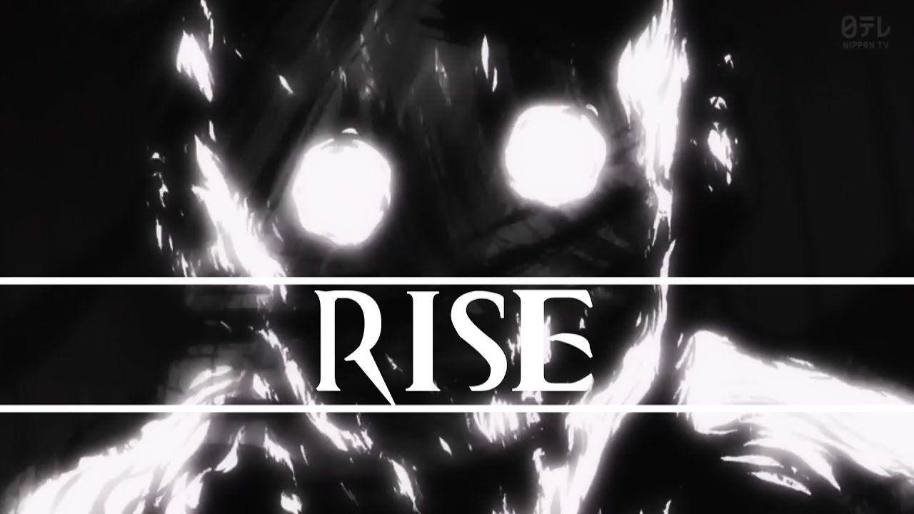 一隻帶有發光眼睛的黑暗動漫怪物和「RISE」字樣。