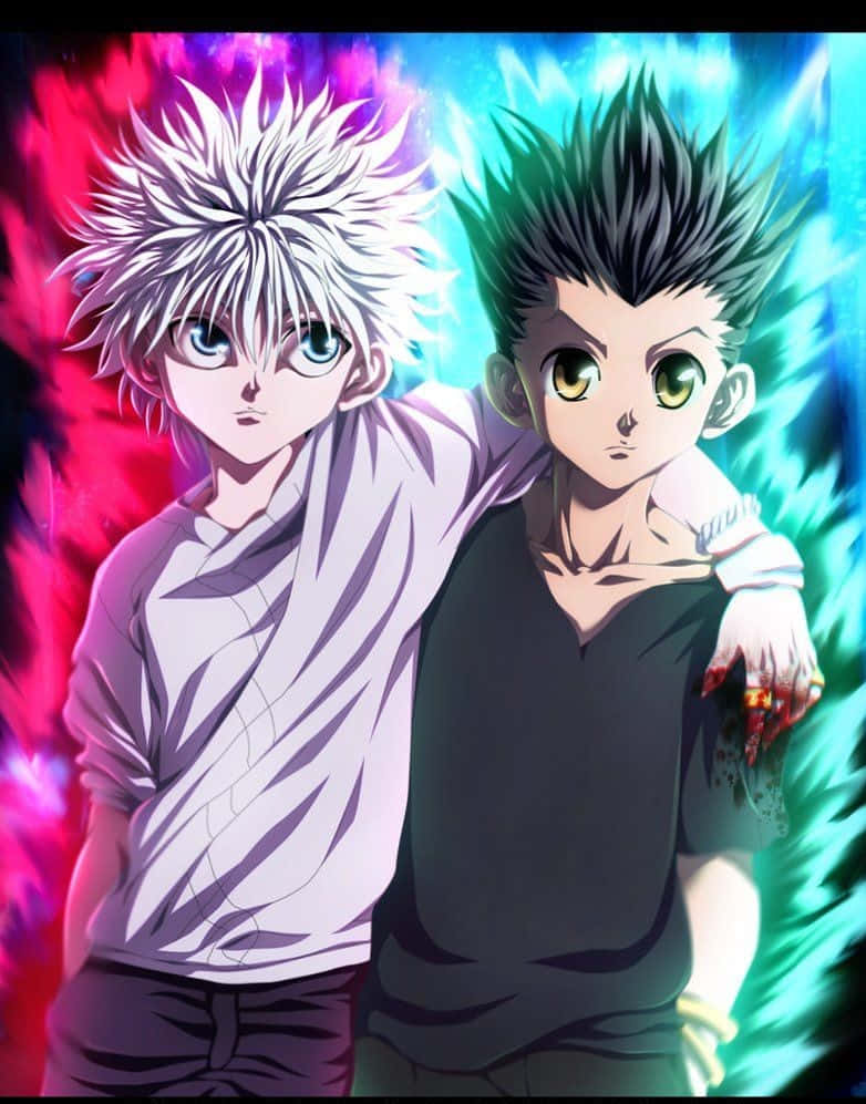 Gon —— 《獵人 X 獵人》的勇氣之心 壁紙 — 兩個動漫男孩頭髮豎起，並肩站在充滿活力的粉紅色和青色能量光環前。