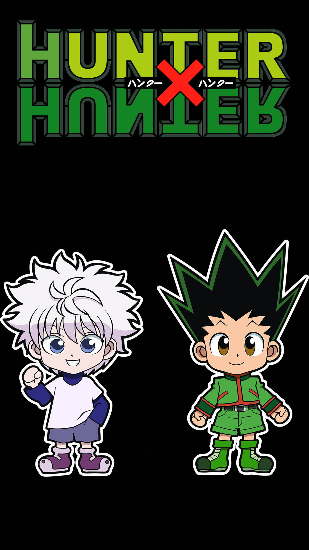 節目標題標誌下的Q版Hunter x Hunter角色。