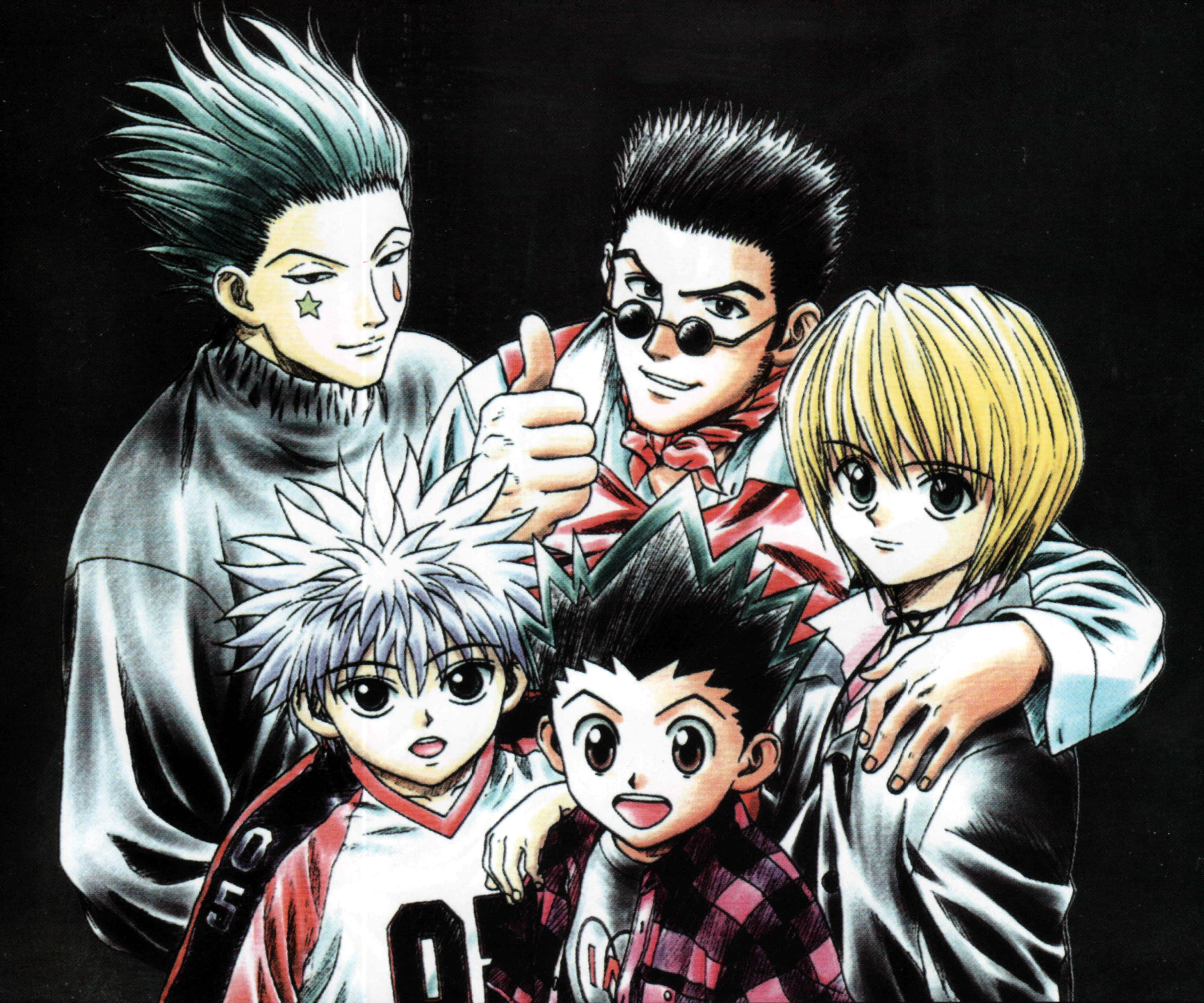 Gon 與 Killua — 最棒的摯友 ♥ 壁紙 — 四個動漫角色以尖刺頭髮在黑色背景前一起擺姿勢，其中一個豎起大拇指。