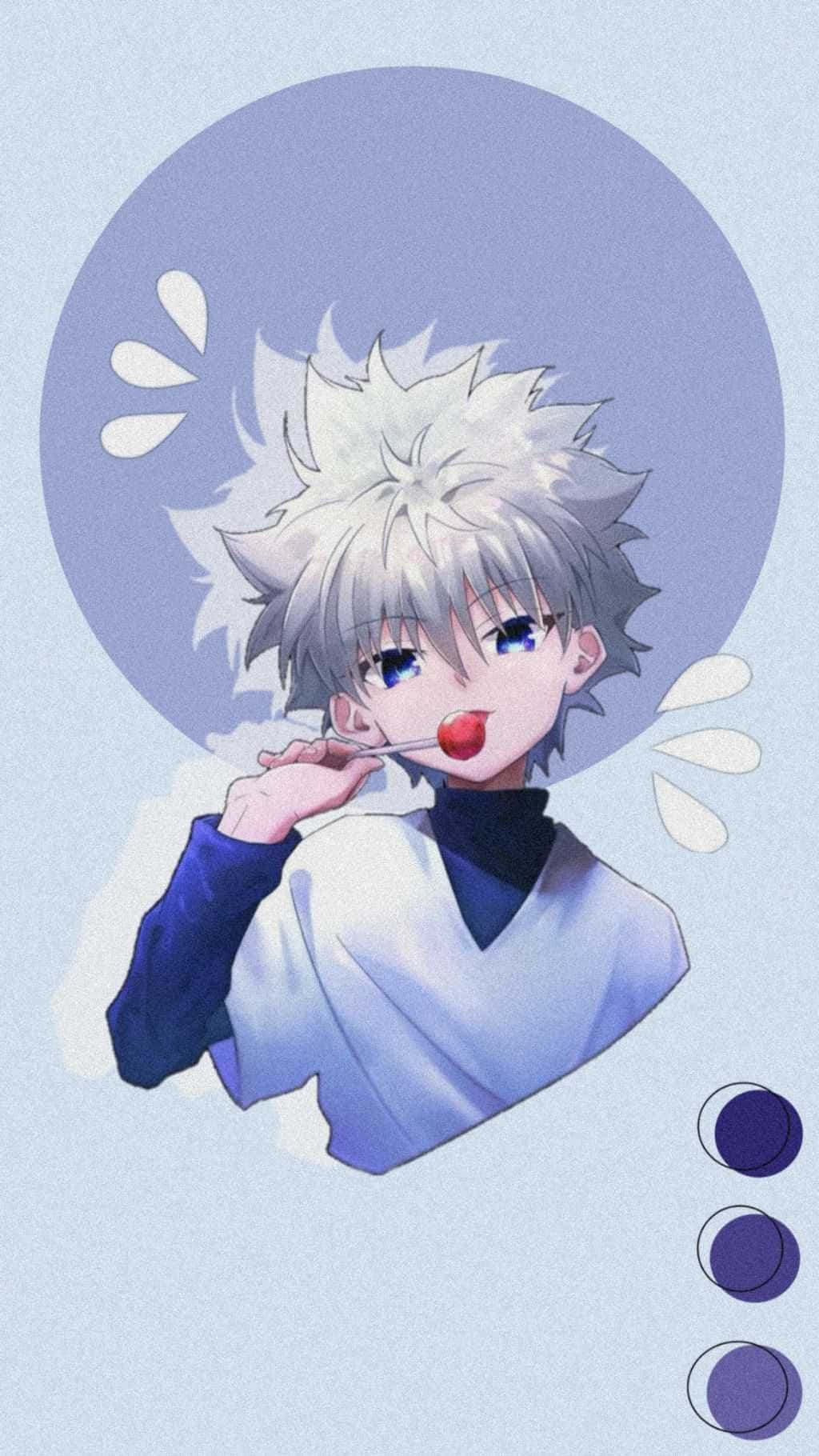 Gon 與 Killua — 終身摯友，獵人X獵人主角雙人組！ 壁紙 — 一個藍眼刺蝟頭動漫男孩在柔和的紫色圓形背景前舔著紅色棒棒糖。