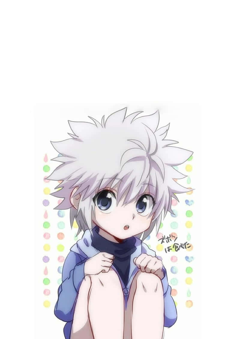 Gon 與 Killua，踏上冒險之旅的好友 壁紙 — 一個白色尖刺頭髮和藍色眼睛的Q版動畫男孩，坐在色彩繽紛的波點背景前抱著膝蓋。