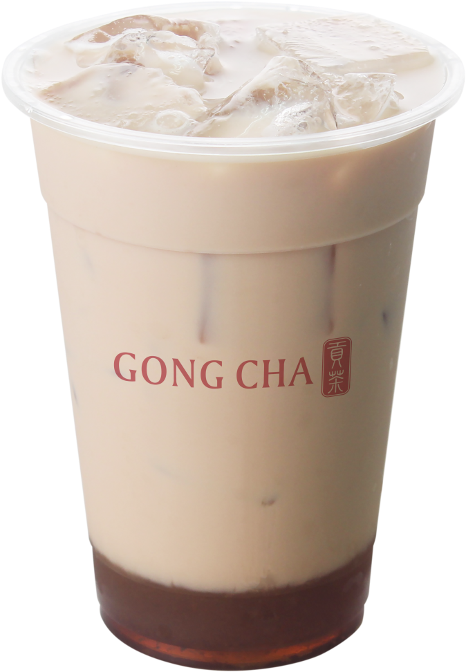 冰鎮 Gong Cha 泡泡茶 壁紙 — Gong Cha 杯中的奶油冰珍珠奶茶，底部有冰塊和棕色茶層。