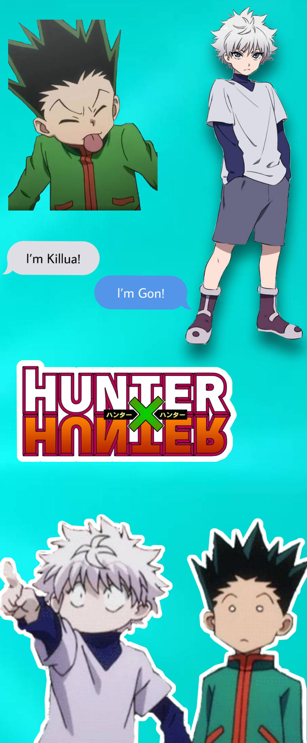 可愛的Gon和Killua拼貼 壁紙 — 兩個來自《Hunter x Hunter》的動畫男孩在明亮的青綠色背景前，以對話框自我介紹。