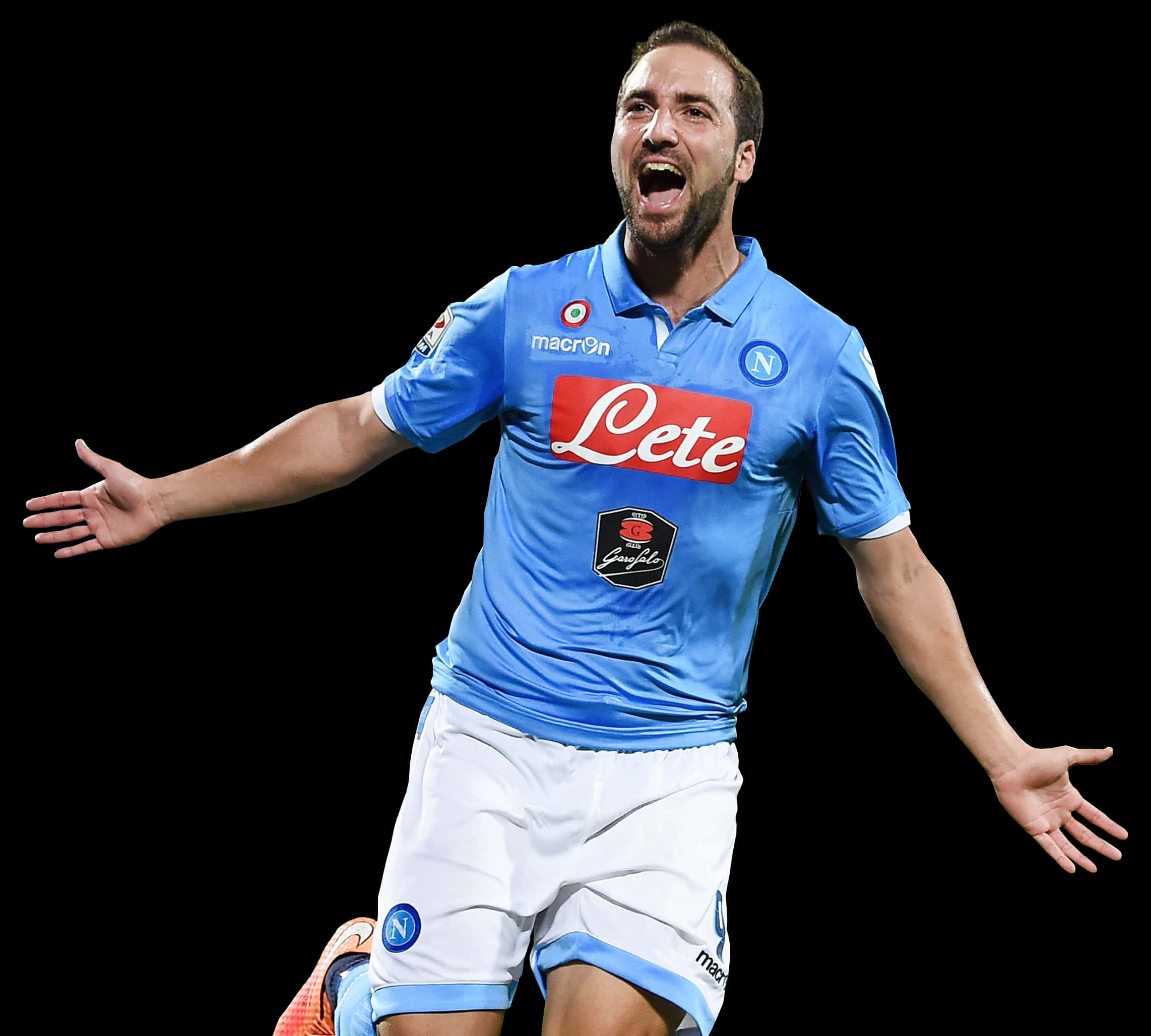 Gonzalo Higuain 進球慶祝歡呼海報 壁紙 — 一名身穿藍色拿玻里球衣的足球員在黑色背景前張開雙臂慶祝。