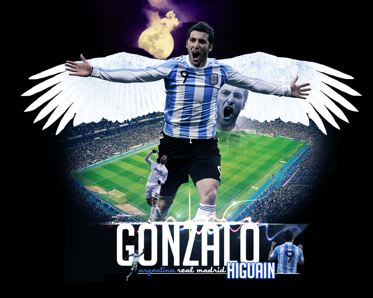 Gonzalo Higuain 與阿根廷隊踢球海報 壁紙 — 一名擁有白色天使翅膀的足球員在發光的月亮下，在體育場上方勝利慶祝。