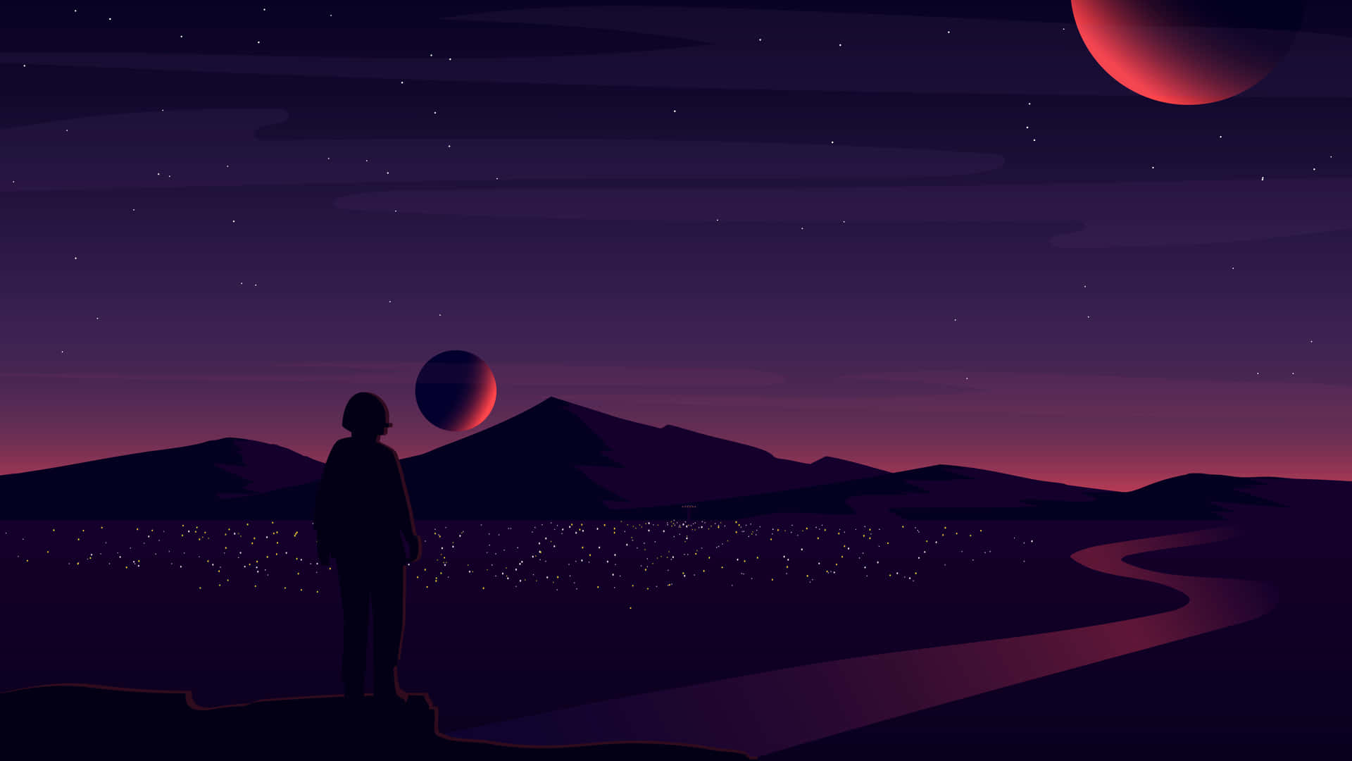  壁紙 — 一個孤獨的身影站在懸崖上，俯瞰著一個滿天星斗的外星景觀，下方有兩顆發光的紅色月亮和一條蜿蜒的河流。