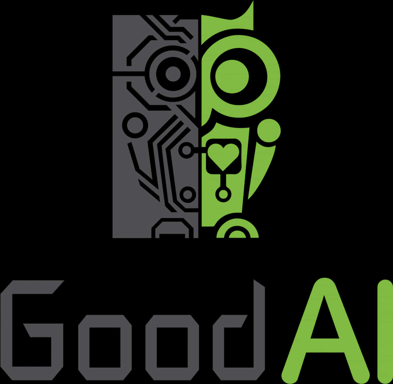 Good AI 標誌 壁紙 — 一個風格化的貓頭鷹標誌，分為灰色電路半邊和綠色心形主題半邊，下方有「GoodAI」文字。