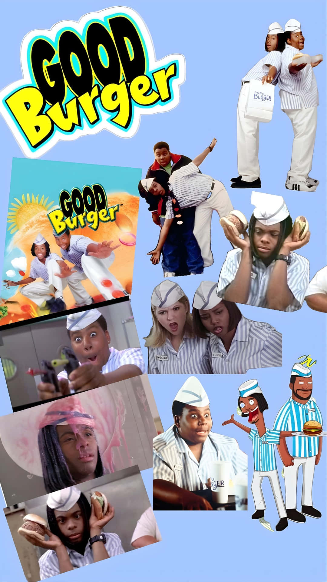  壁紙 — 《Good Burger》電影場景的鮮明拼貼畫，角色穿著快餐制服，表情和姿勢誇張。