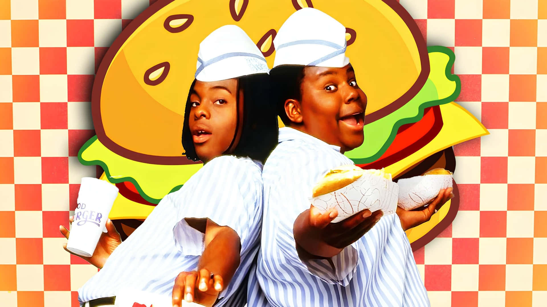 Good Burger 電影角色 壁紙 — 兩名身穿條紋制服、快樂的快餐店員工，在巨型卡通漢堡和格子背景前，拿著漢堡和飲料擺姿勢。