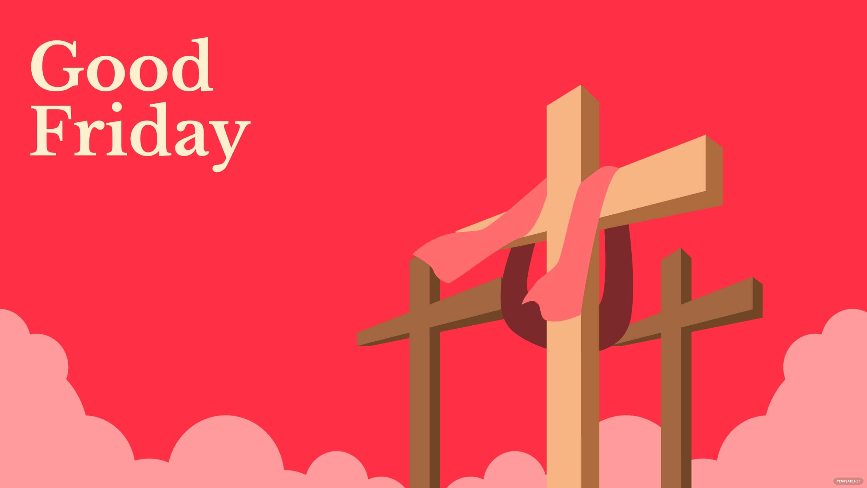 Good Friday——沉思之日 壁紙 — 三個木製十字架矗立在鮮紅色的天空下，伴隨著柔和的粉紅色雲朵和白色的「Good Friday」文字。