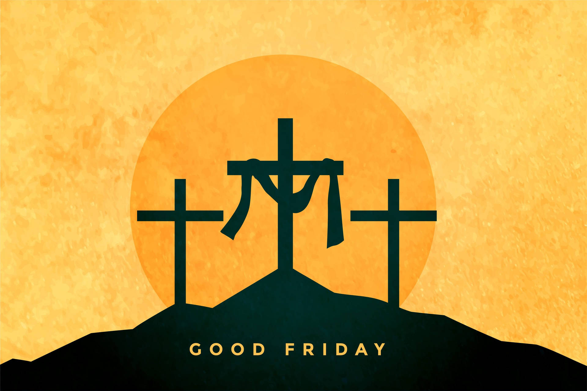 金色太陽下山丘上的三個十字架，附有Good Friday文字。