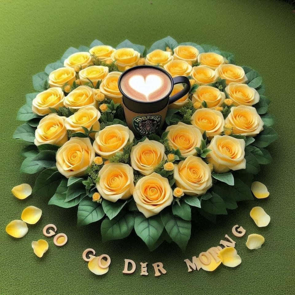 一杯帶有心形拉花藝術的咖啡，被黃玫瑰和拼出「go der morg」的木製字母環繞