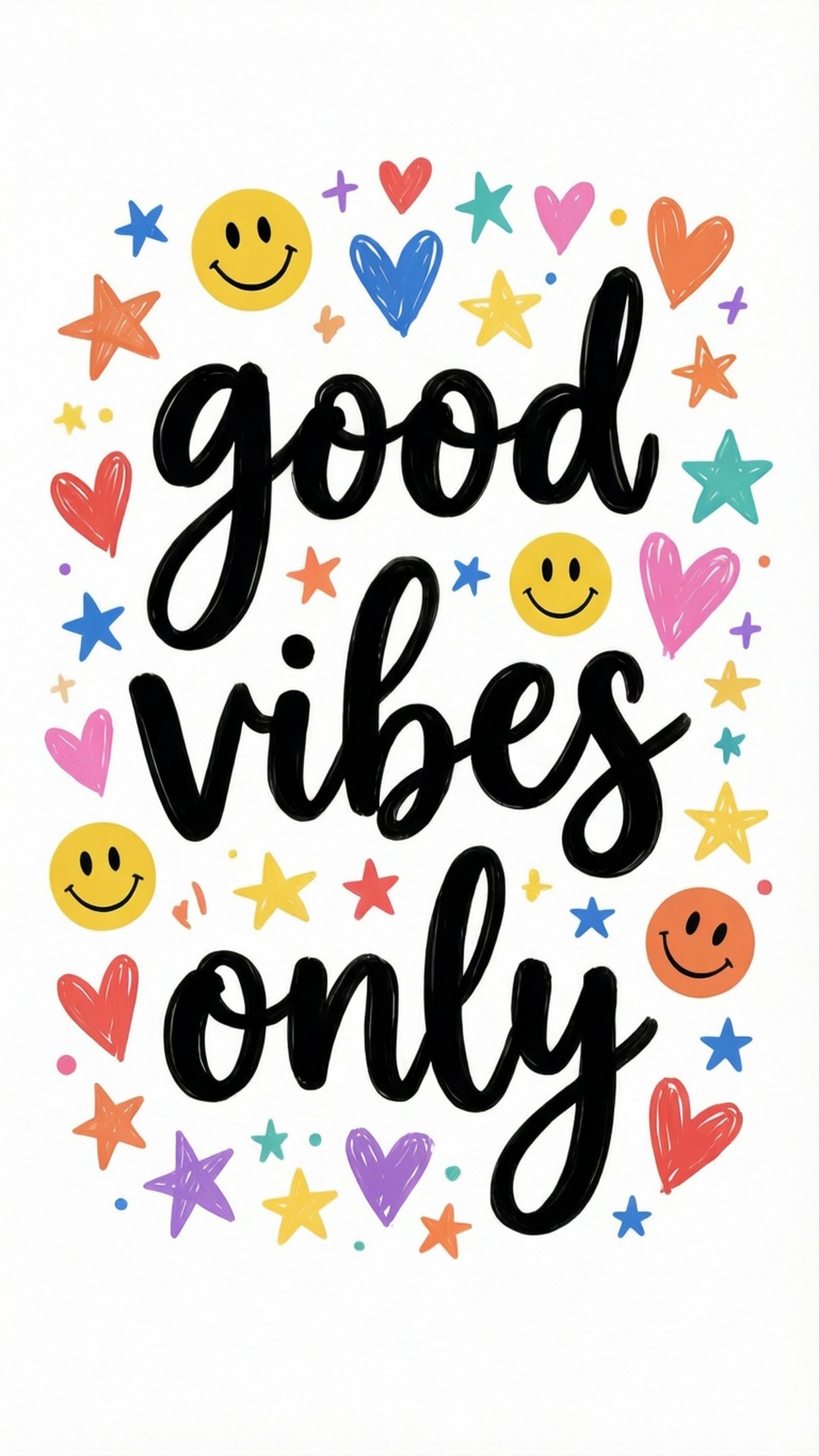 good vibes only 文字被彩色心形、星星和笑臉環繞