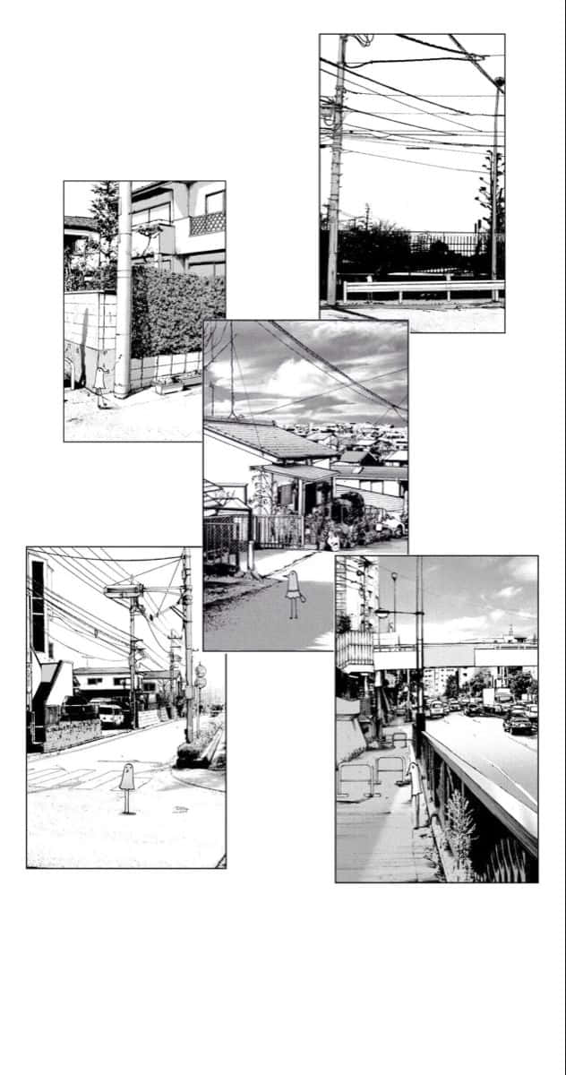 《Goodnight Punpun》角色特寫 壁紙 — 黑白漫畫格描繪了寧靜的城市街道，有電線、房屋和遠山，天空多雲。