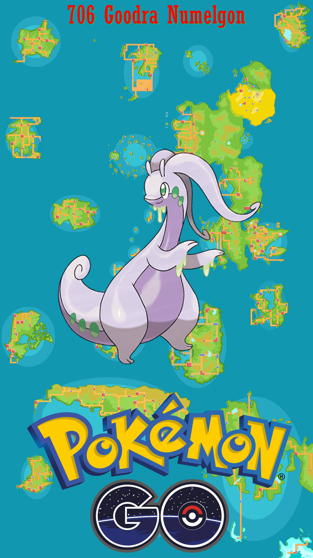 紫色Goodra帶住綠色黏液滴漂浮喺Pokémon GO地圖碎片上面。