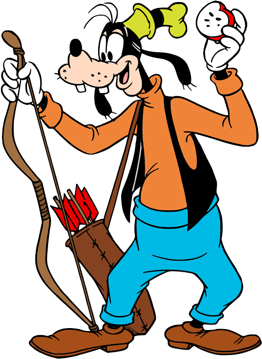 Goofy 弓箭手卡通角色 壁紙 — 高飛在卡通插圖中手持弓箭，同時自豪地展示一隻小白狗。