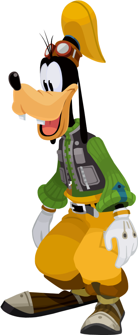 Goofy 冒險裝束 壁紙 — 高飛穿著飛行員裝備，在黑色背景前開心地微笑。