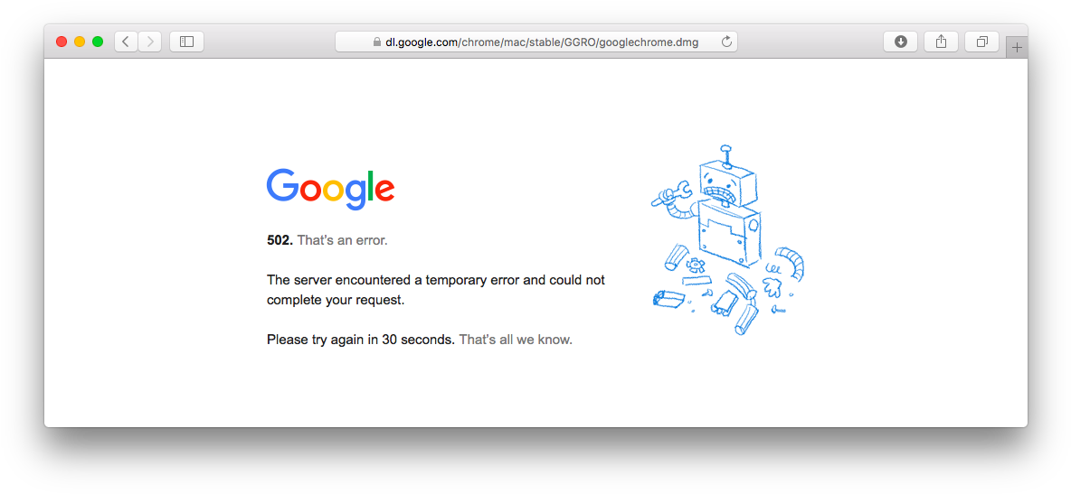 Google 502錯誤畫面 壁紙 — Google Chrome瀏覽器視窗顯示502錯誤頁面，有一個藍色線條機械人拿著扳手和散落的零件。