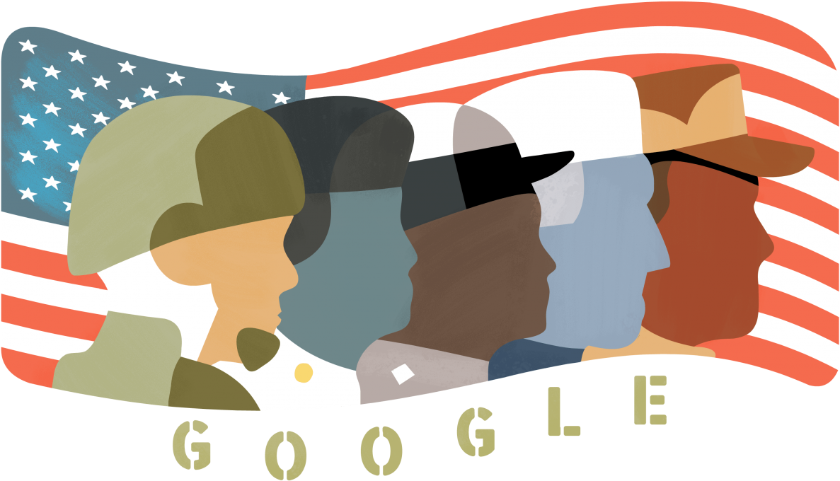退伍軍人日致敬Google 壁紙 — 不同軍人的側面剪影站在飄揚的美國國旗前，以鮮明的紅、白、藍色呈現。