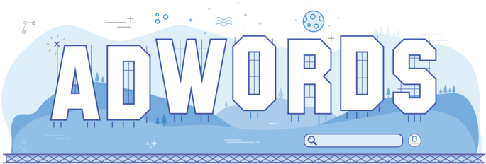 Google Ad Words 圖標插畫 壁紙 — 粗體白色 'ADWORDS' 文字漂浮在一個風格化的藍色景觀之上，景觀中有樹木和月亮，背景是星空。