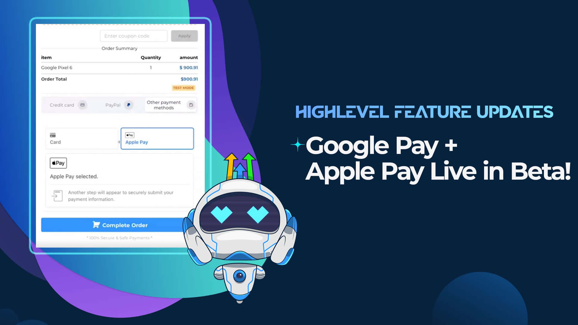 一個友善的機械人吉祥物在數碼支付屏幕上宣佈 Google Pay 和 Apple Pay 的測試版更新。