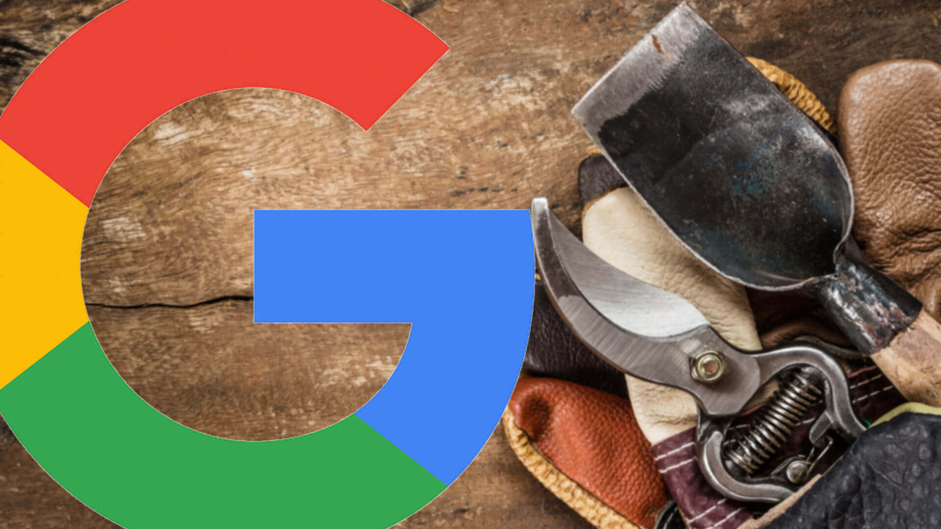 Google 標誌在木質背景上，配有園藝工具和手套。