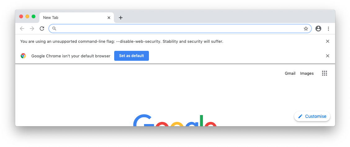 Google Chrome 不支援命令列旗標警告 壁紙 — Google Chrome 瀏覽器視窗在新分頁上開啟，顯示安全警告和預設瀏覽器提示。