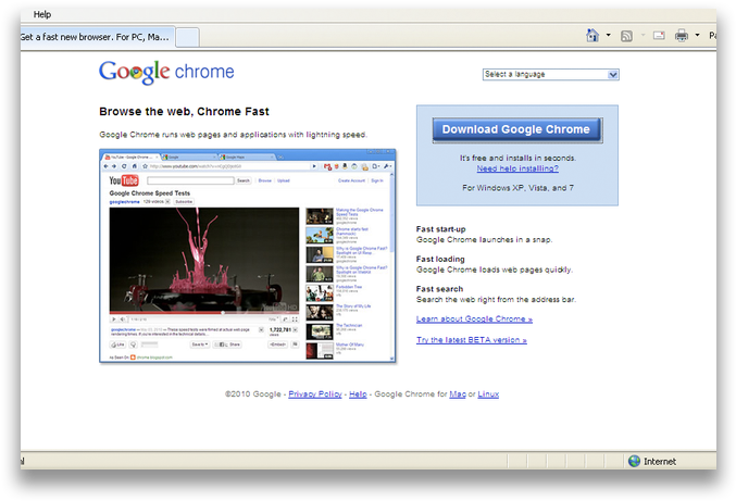 Google Chrome宣傳網頁 壁紙 — 一個復古電腦屏幕顯示2010年Google Chrome下載頁面，帶有YouTube影片縮圖，顯示粉紅色液體飛濺。